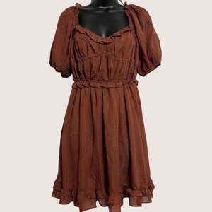 By The River Brown Polka Dot Puff Sleeve Dress Small Smocked Back‎